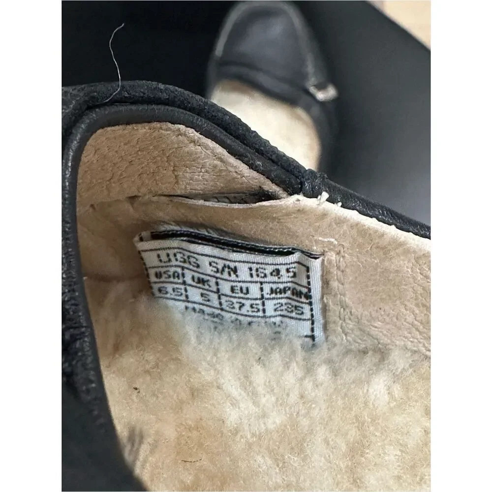 W6.5 UGG Black Leather Shearling-Lined Slip-On Moccasins NWOT